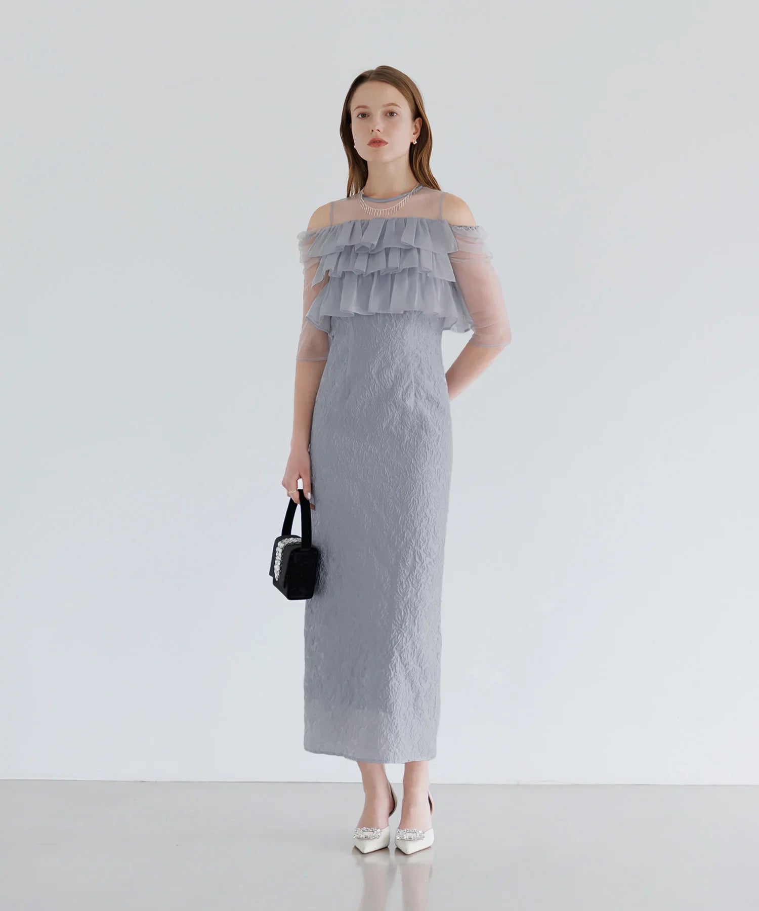 【当日発送】3WAYティアードフリルジャガードIラインワンピースドレス