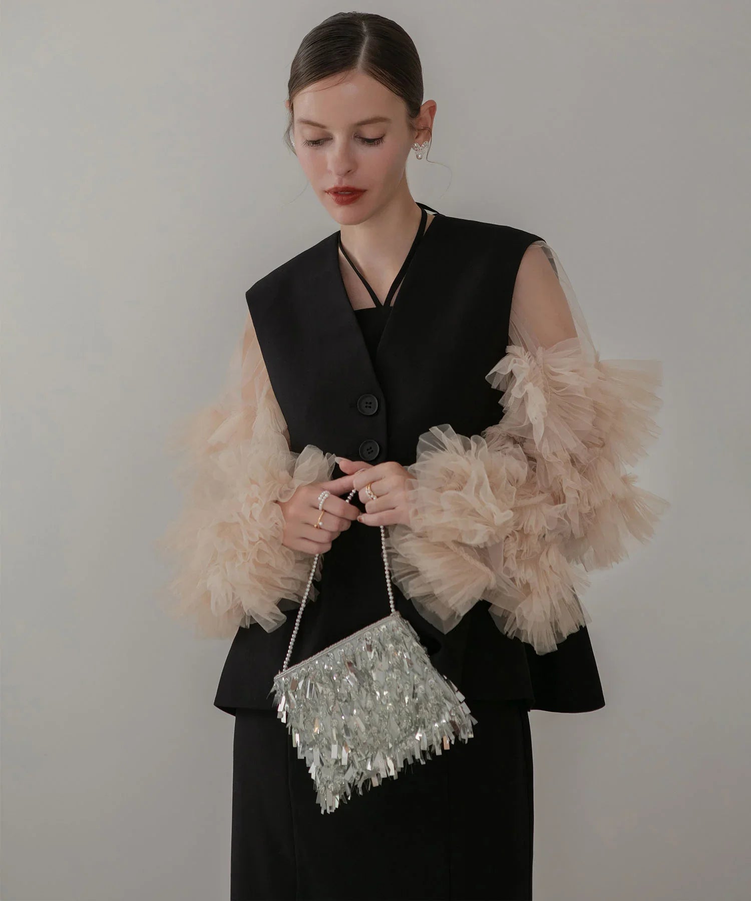 【当日発送】チュールフリルスリーブベストセットワンピースドレス