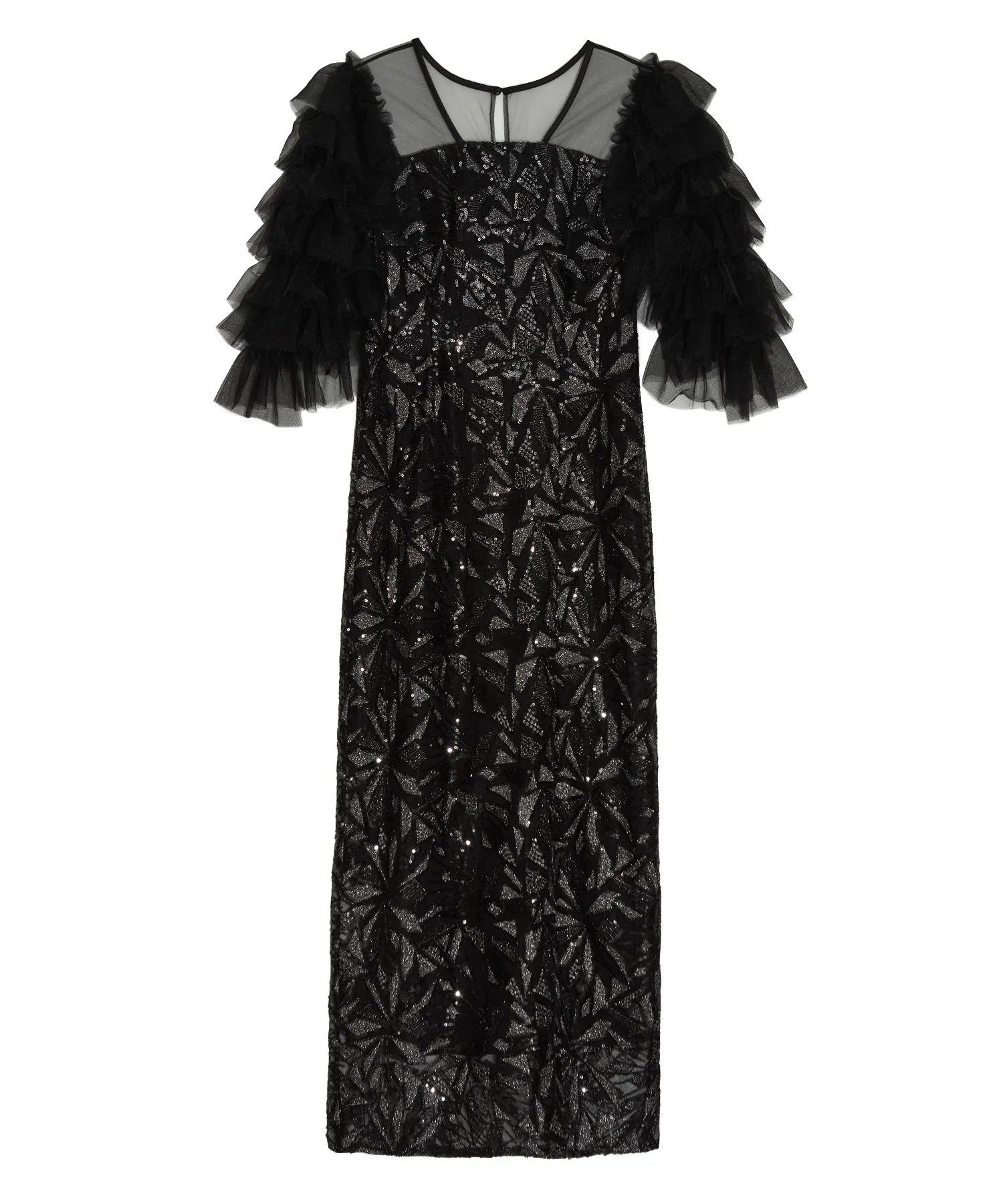 【当日発送】チュールフリルスリーブスパンコールIラインワンピースドレス