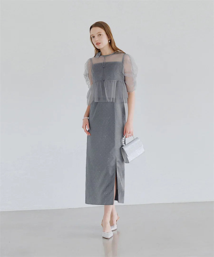 【当日発送】チュールフラワーモチーフドットストーンIラインワンピースドレス