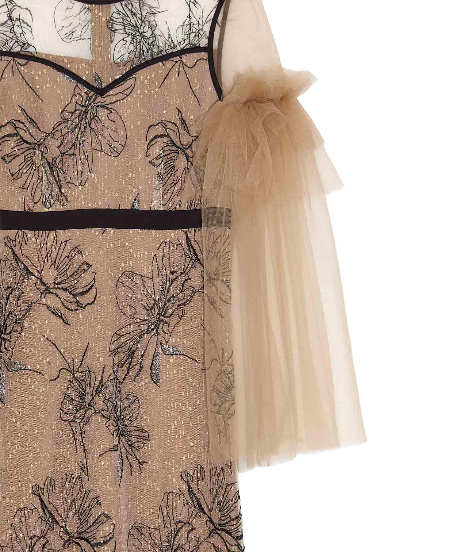 【当日発送】フラワーチュールフリルスリーブIラインワンピースドレス