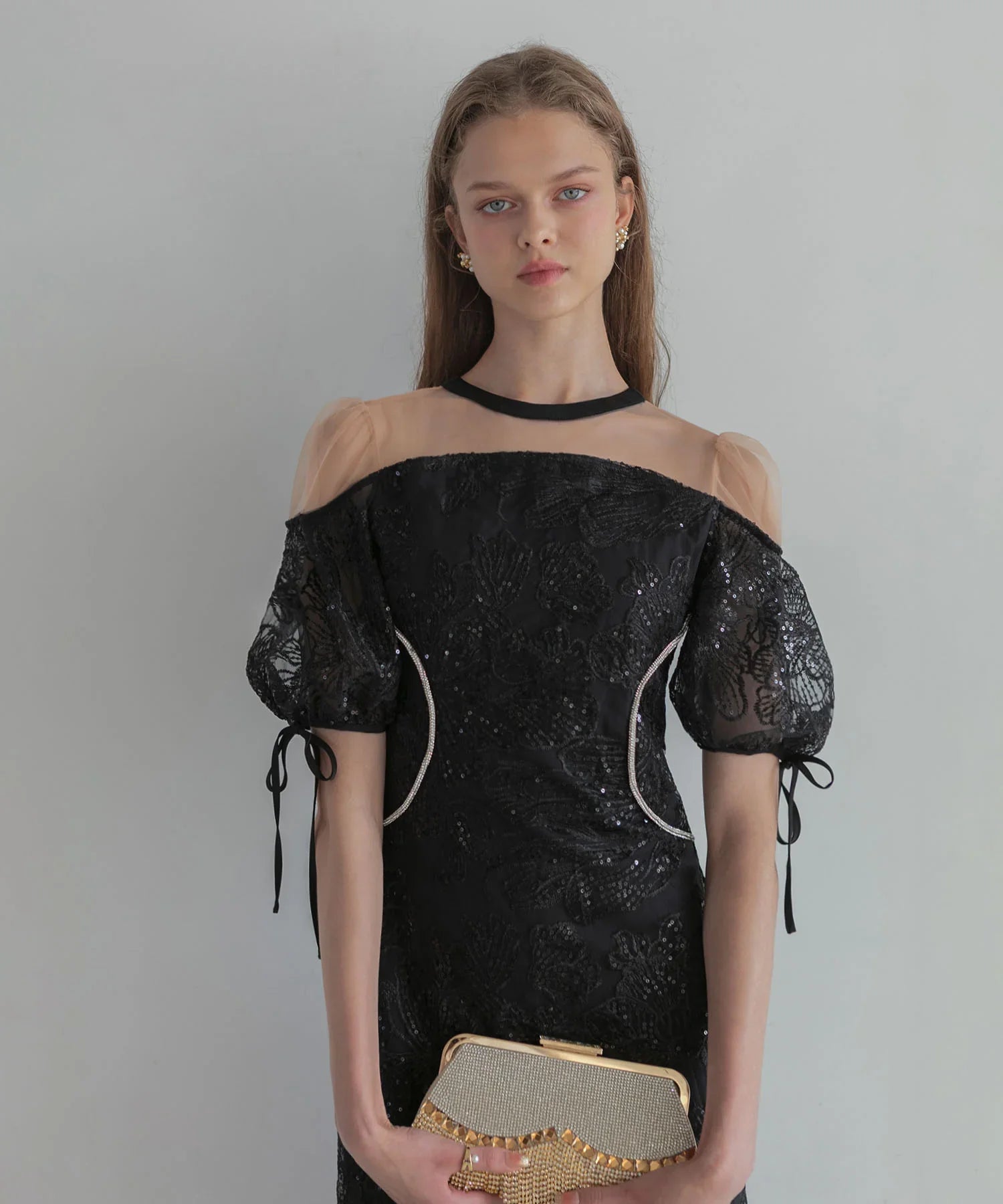 【SOLD OUT】スパンコールウエストデザインIラインワンピースドレス