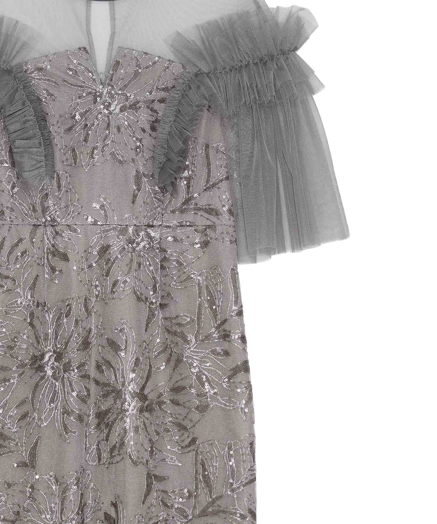 【当日発送】チュールフリルショルダーシアーIラインワンピースドレス