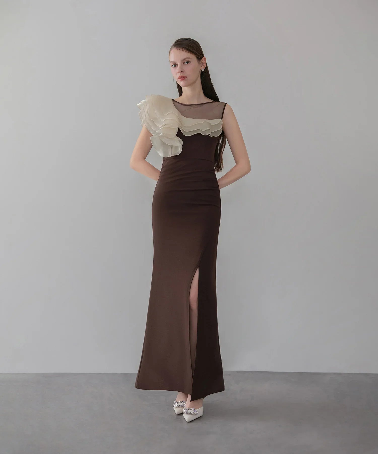 【当日発送】アシンメトリーフリルスリットマーメイドドレス