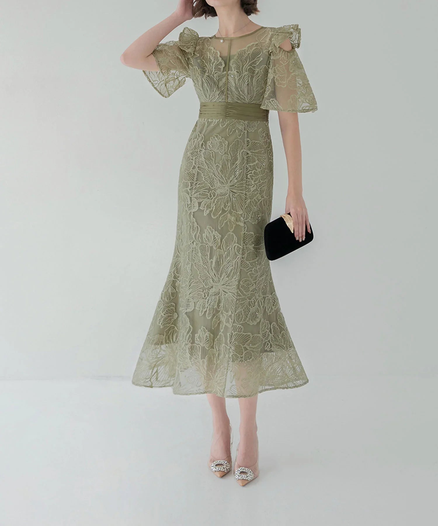 【当日発送】フラワーレースシアーフリルマーメイドワンピースドレス