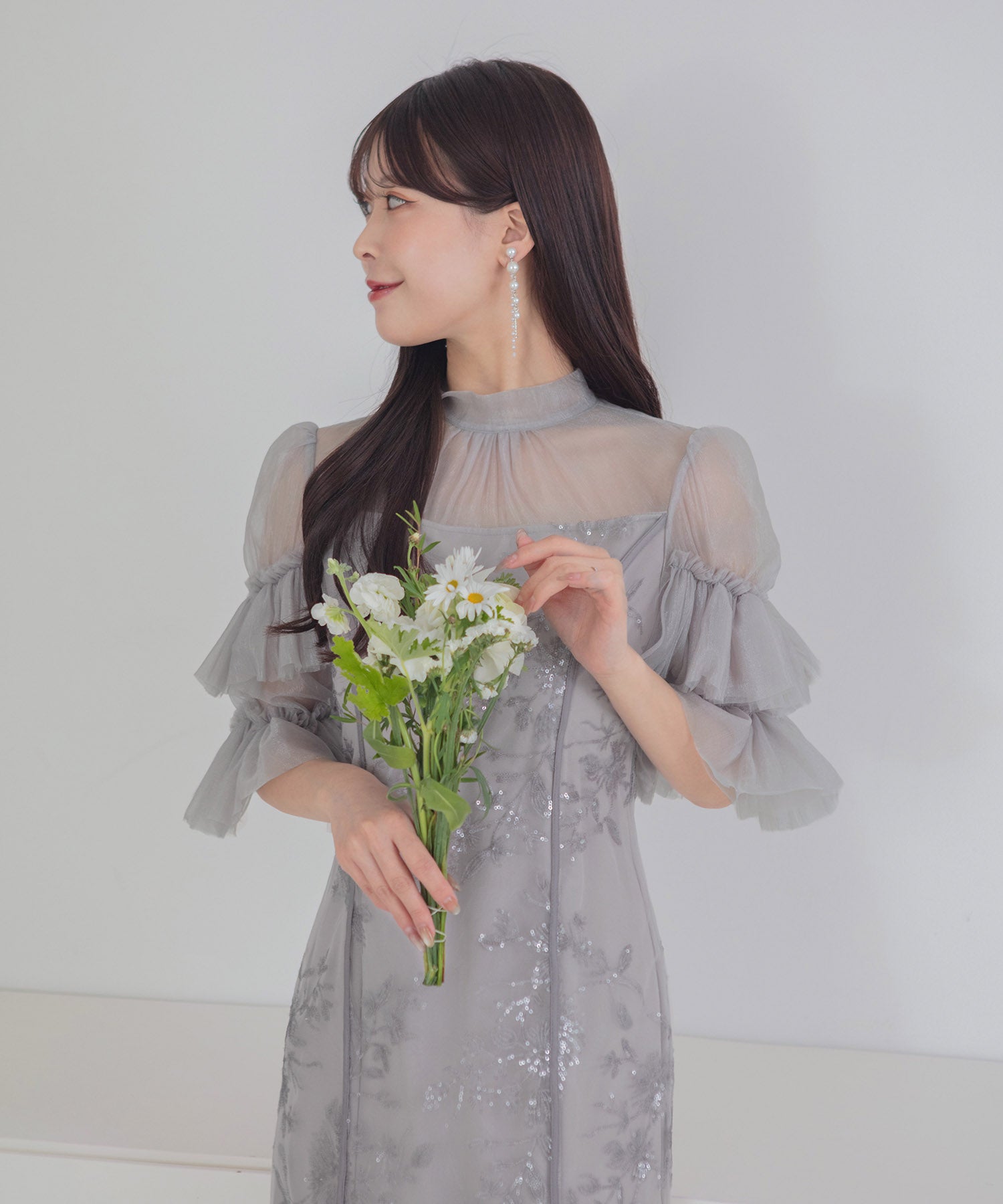 【当日発送】バックリボンオーガンジーフリルスリーブスパンコールIラインワンピースドレス