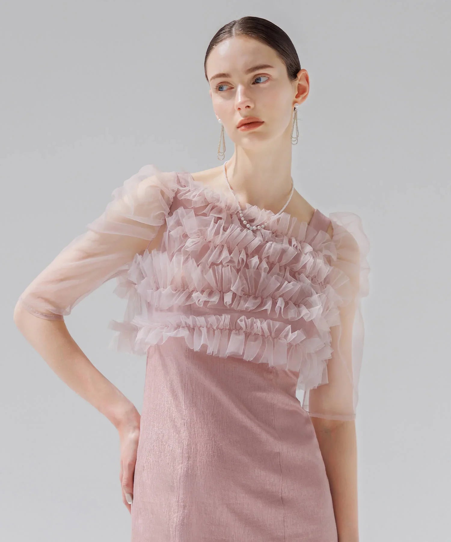 【SOLD OUT】チュールアシンメトリーティアードフリルIラインワンピースドレス