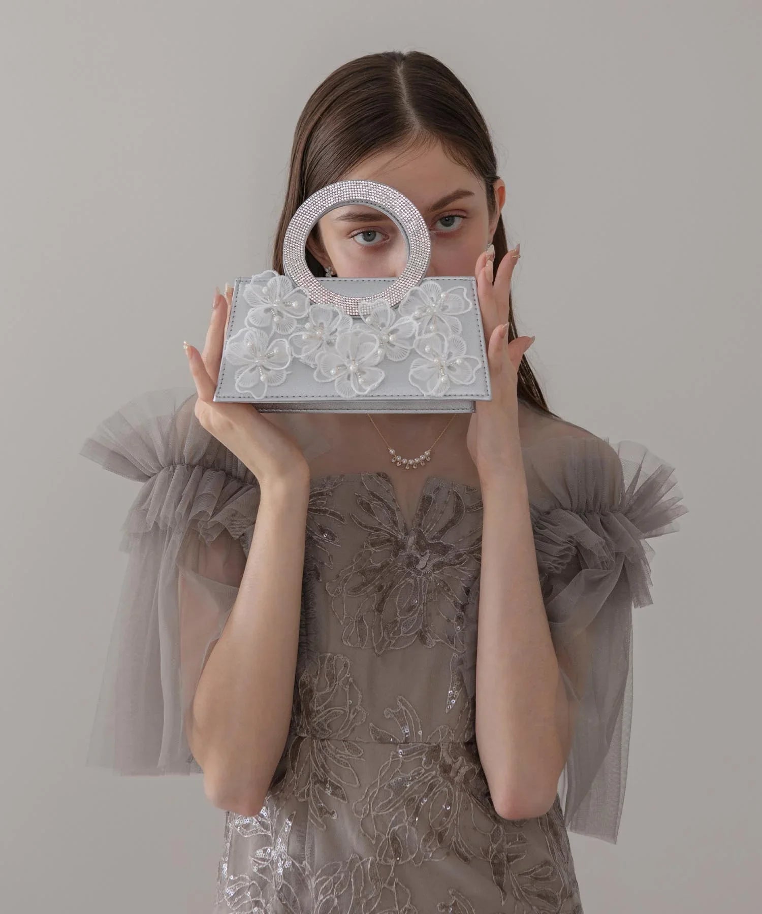 【一部当日発送】フラワービジューラウンドハンドル2wayバッグ