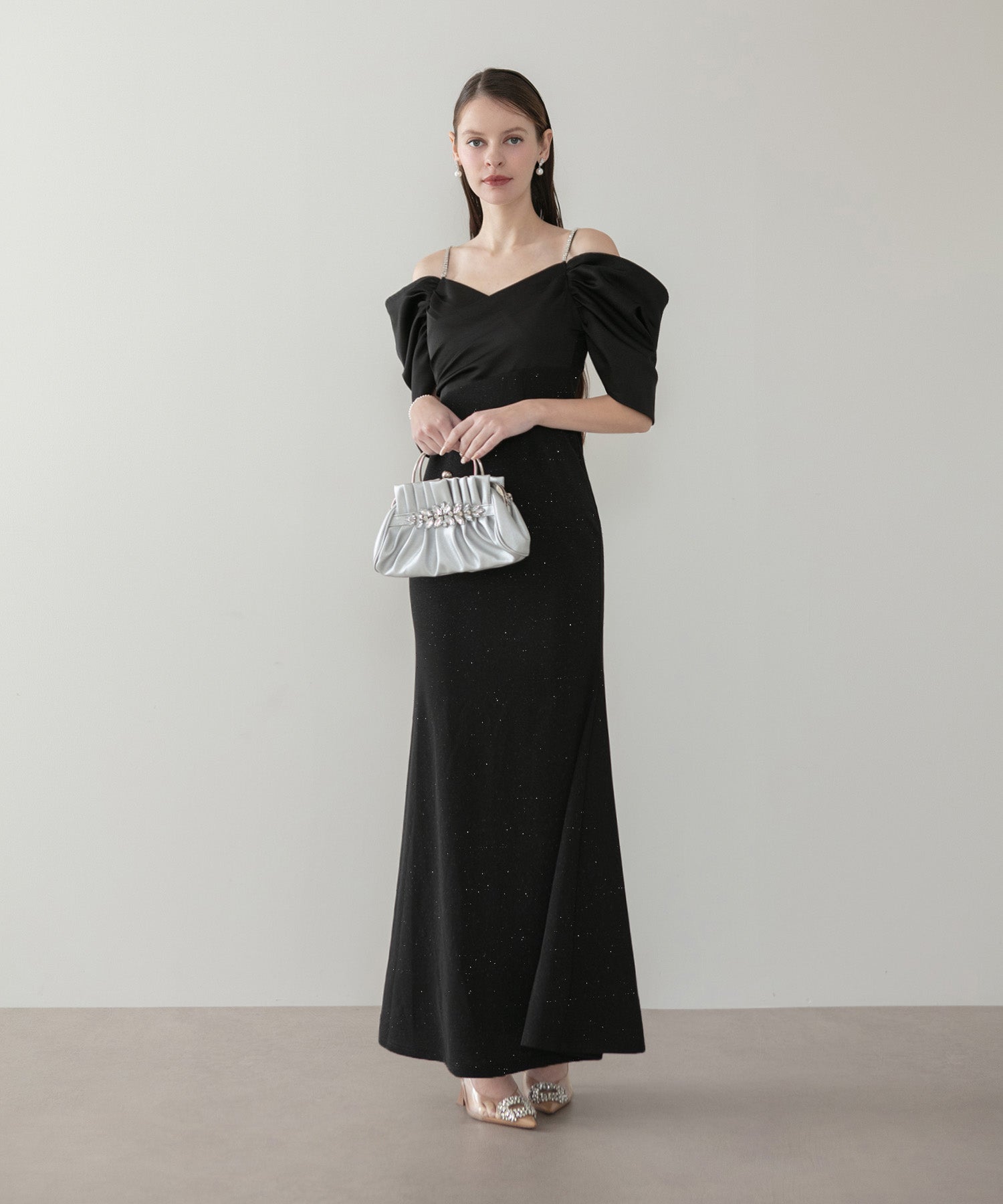 【当日発送】ビジューストラップタックオフショルダーマーメイドワンピースドレス