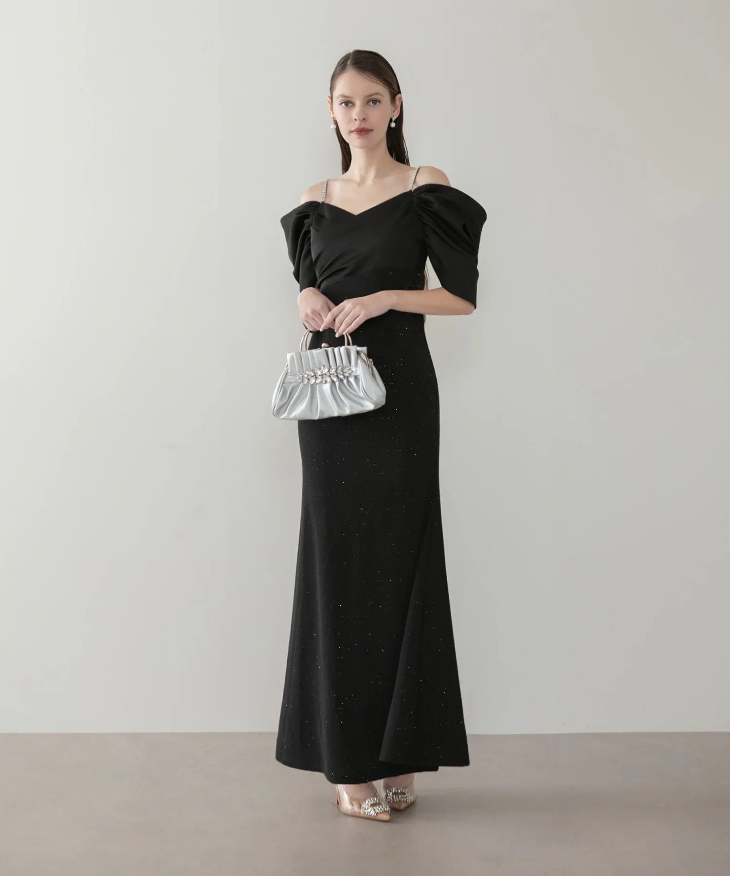 【LEJA LUXE】ビジューストラップタックオフショルダーマーメイドワンピースドレス