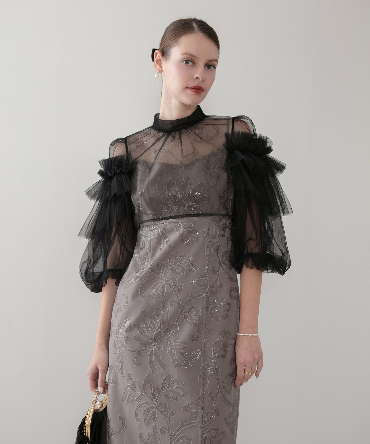 【当日発送】フリルチュールスパンコールフローラルIラインワンピースドレス