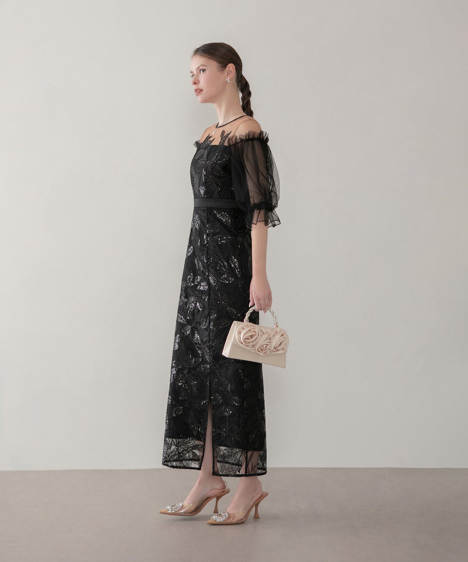 【当日発送】リーフスパンコールチュールパフスリーブIラインワンピースドレス