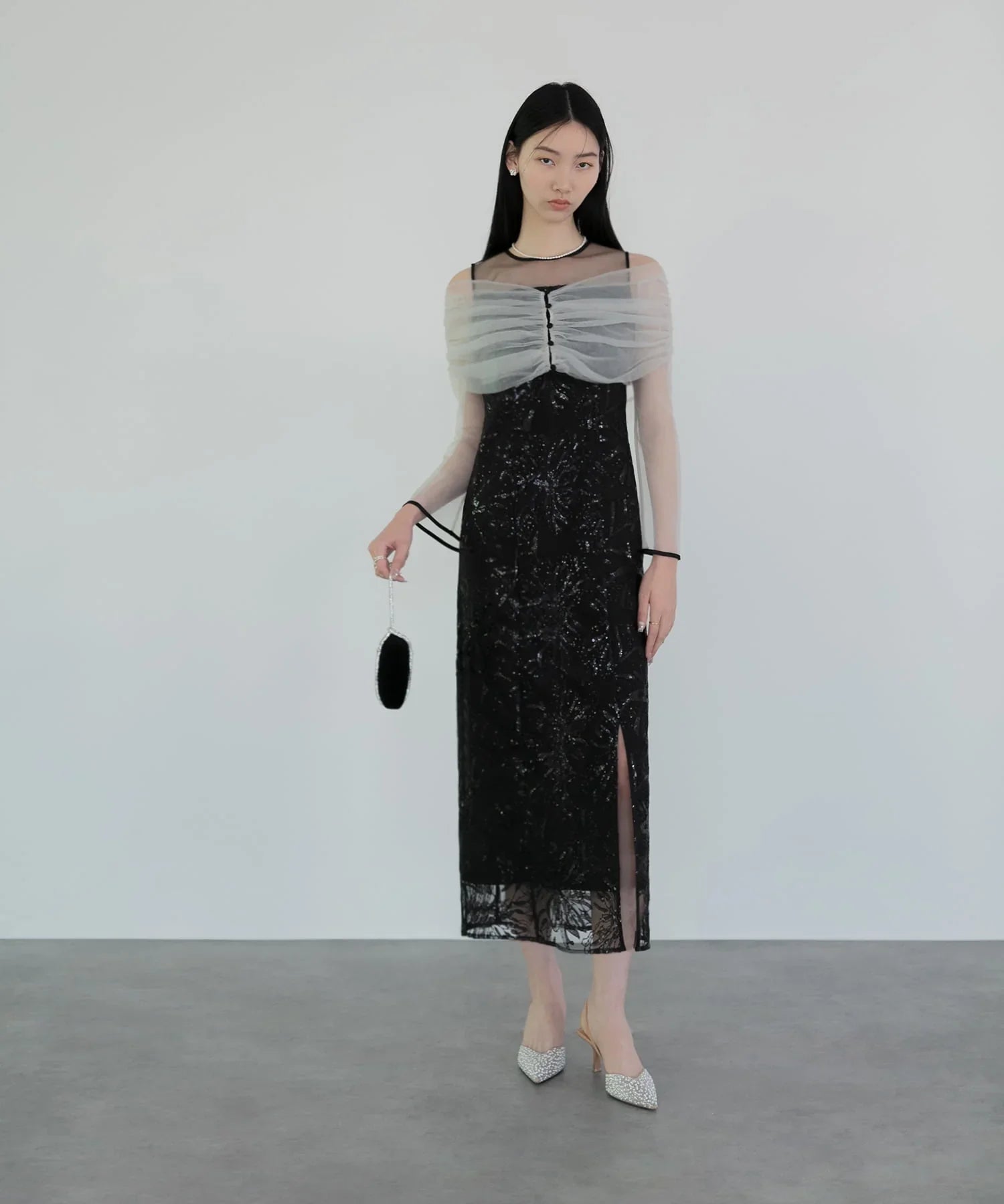 【当日発送】チュールオフショルダー花柄Iラインワンピースドレス