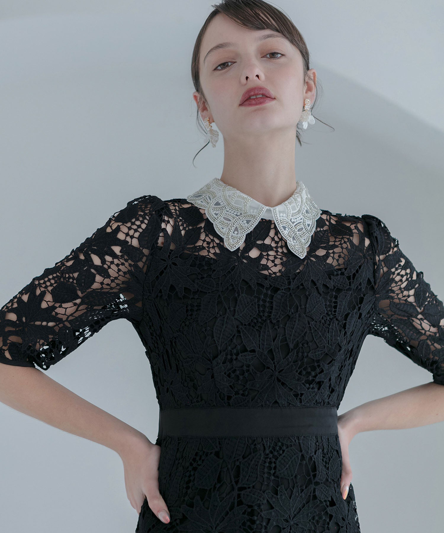 【一部当日発送】花柄レースビジューカラーAラインワンピースドレス