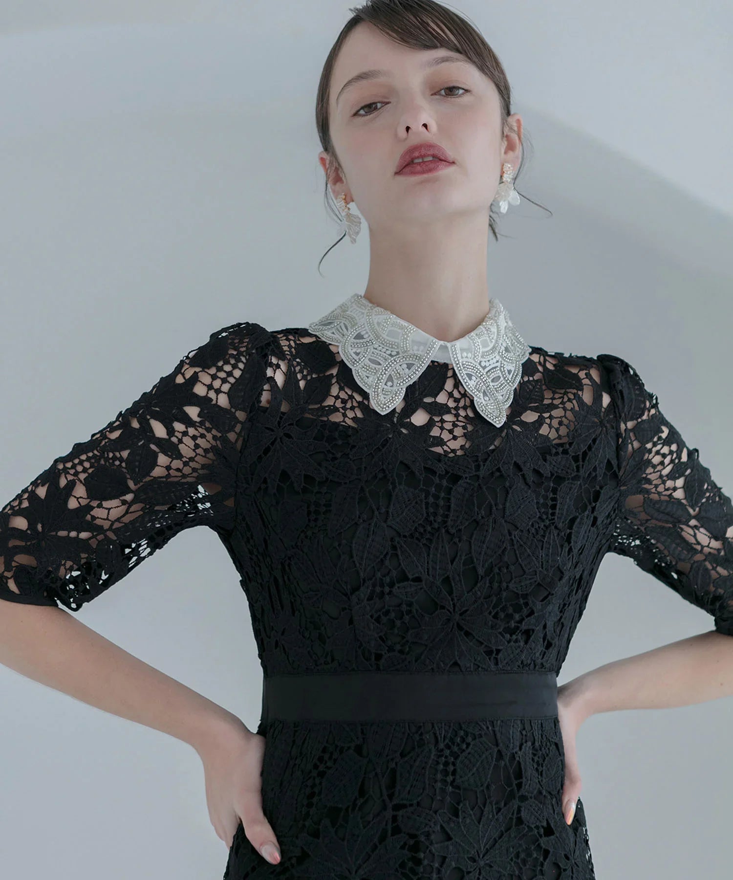 【一部当日発送】花柄レースビジューカラーAラインワンピースドレス