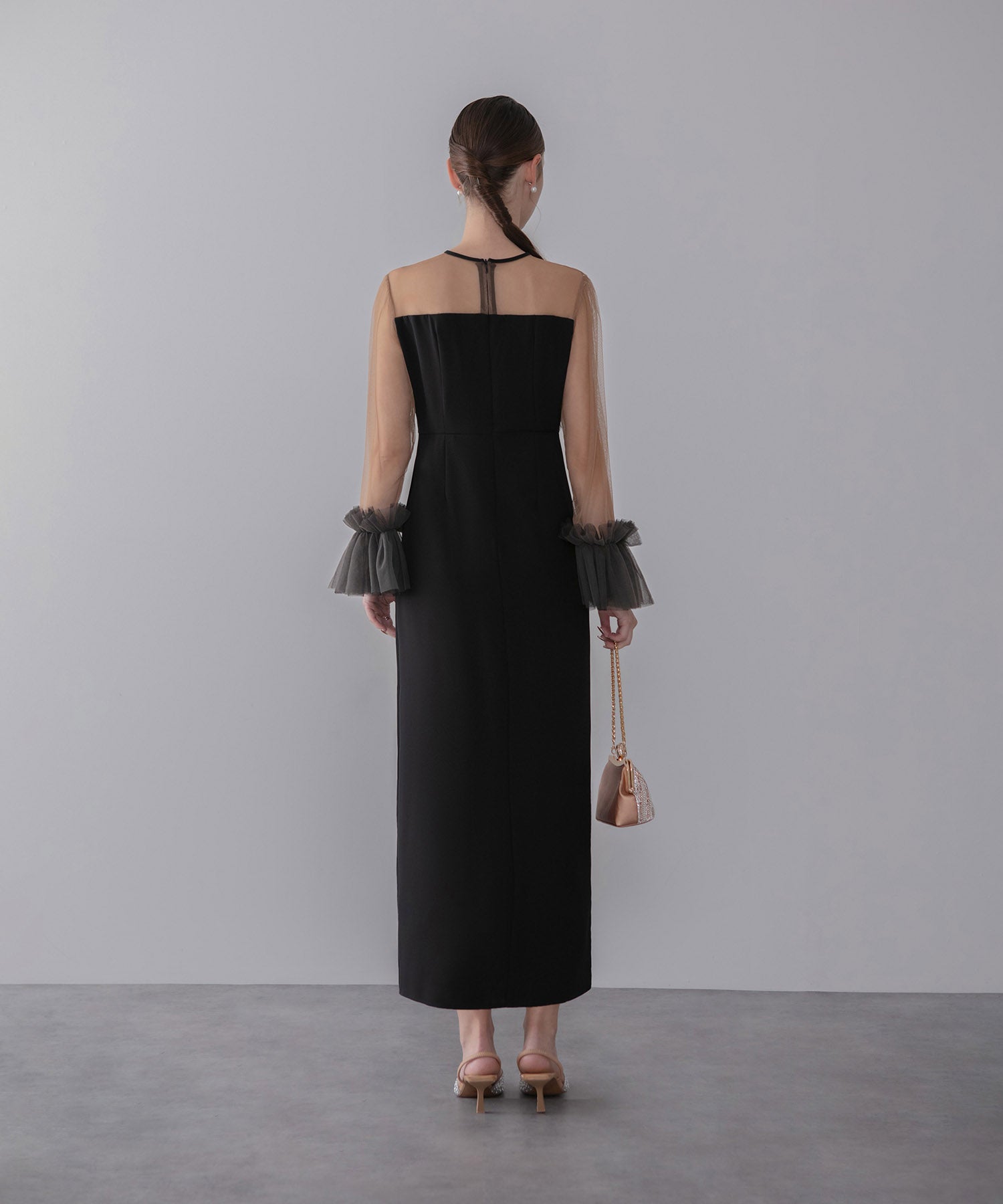 【当日発送】チュールフリルスリーブIラインワンピースドレス