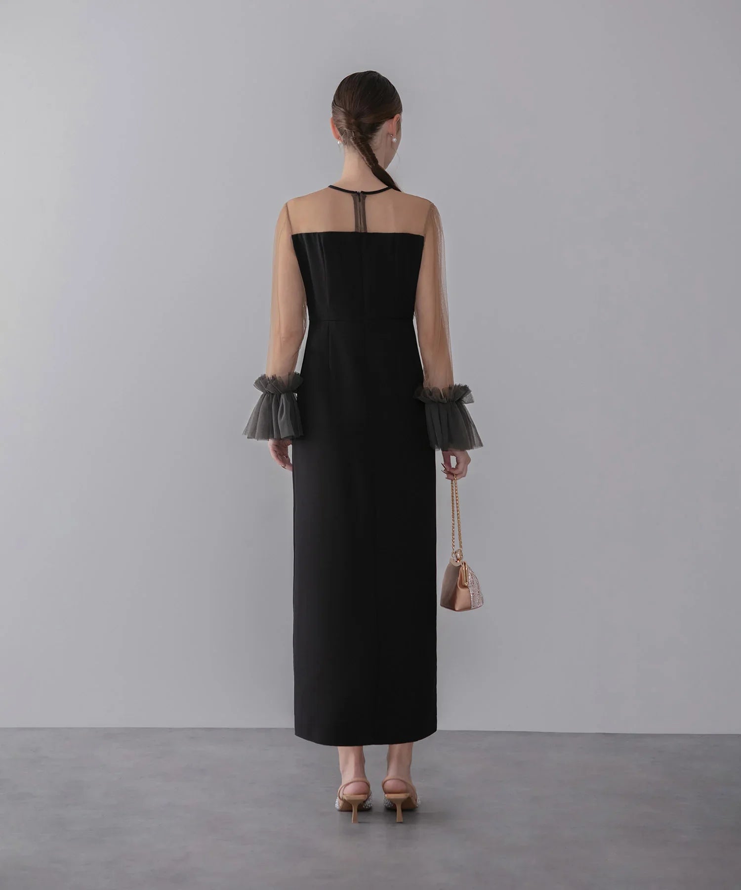 【当日発送】チュールフリルスリーブIラインワンピースドレス