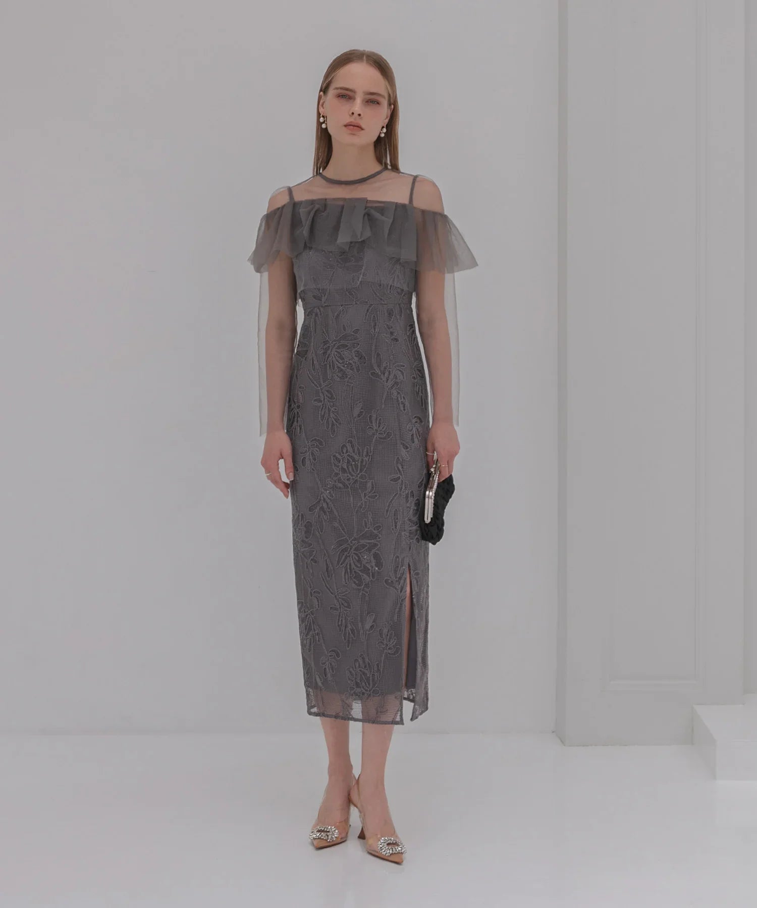 【当日発送】2WAYアシンメトリーフリルチュールフラワーIラインワンピースドレス