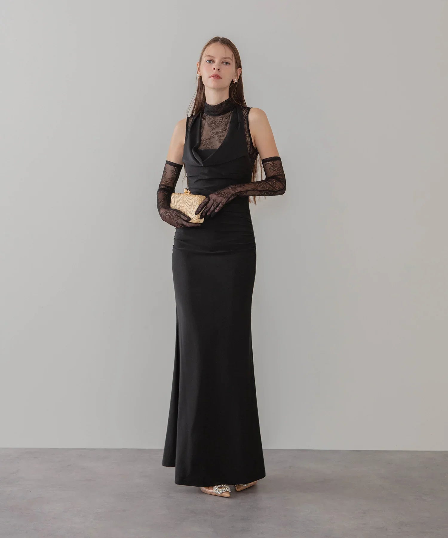 【LEJA LUXE】2WAYシアーレースグローブクラシックブラックマーメイドドレス