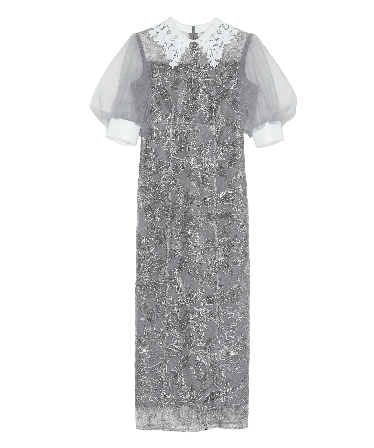 【当日発送】レースカラーリーフスパンコールパフスリーブIラインワンピースドレス