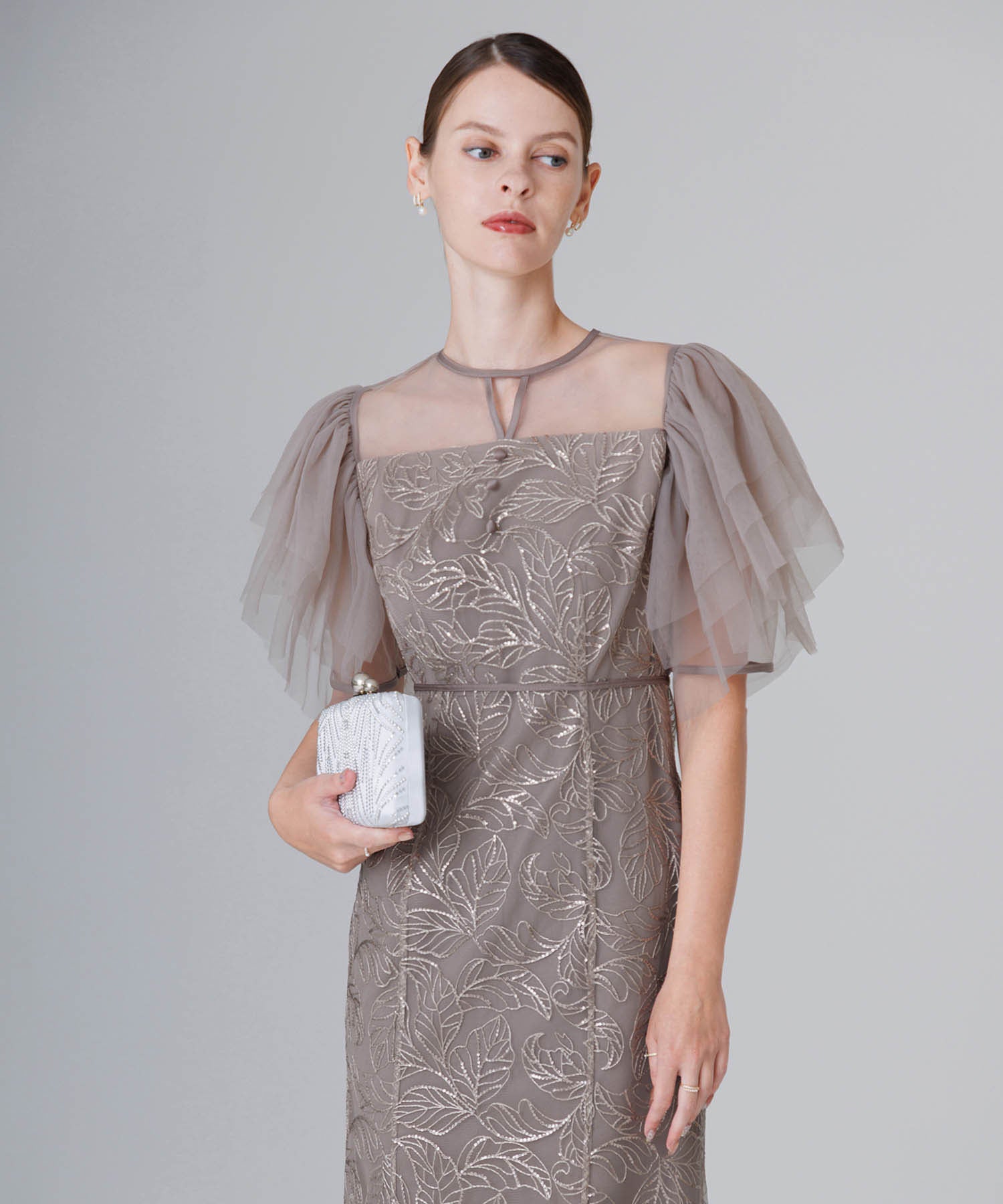 【当日発送】チュールスリーブボタニカルマーメイドワンピースドレス