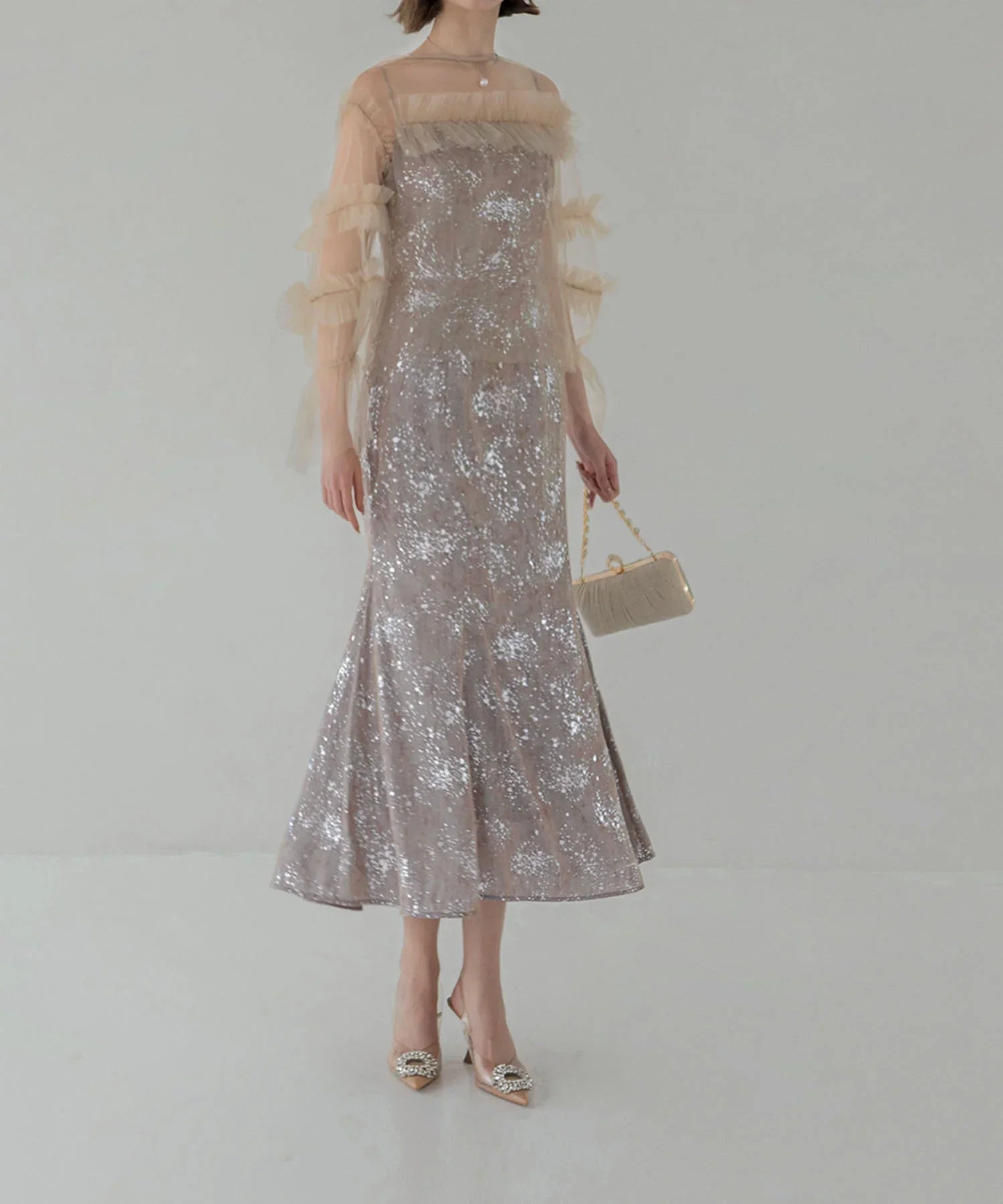 【SOLD OUT】チュールフリルペイントマーメイドワンピースドレス