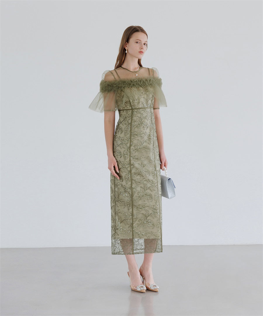 【当日発送】3WAYフラワーチュールアシンメトリーIラインワンピースドレス