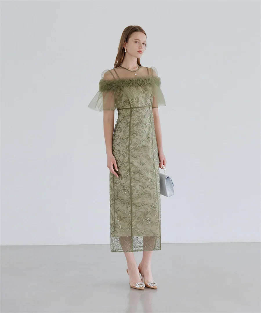 【当日発送】3WAYフラワーチュールアシンメトリーIラインワンピースドレス