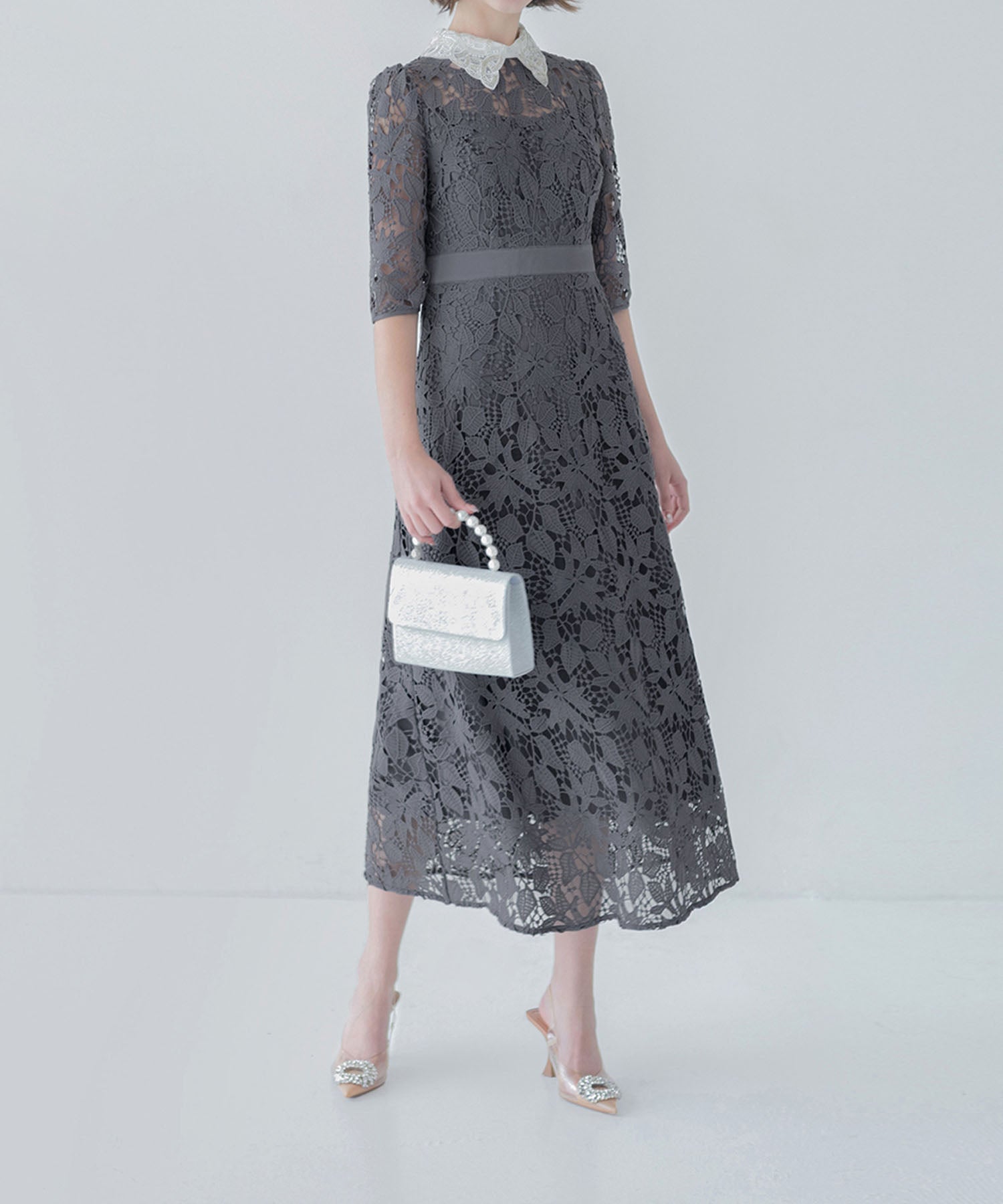 【一部当日発送】花柄レースビジューカラーAラインワンピースドレス