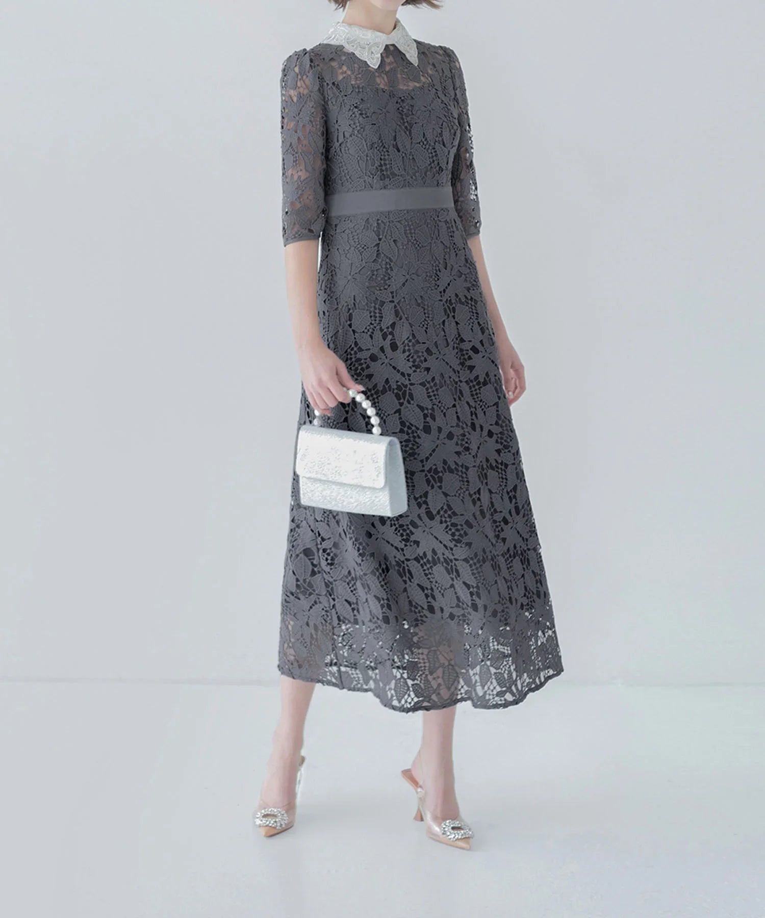 【一部当日発送】花柄レースビジューカラーAラインワンピースドレス