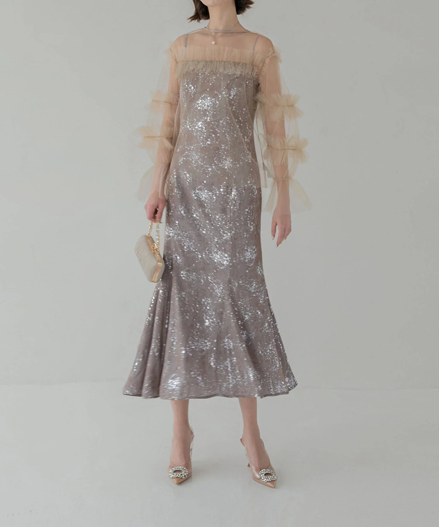 【SOLD OUT】チュールフリルペイントマーメイドワンピースドレス