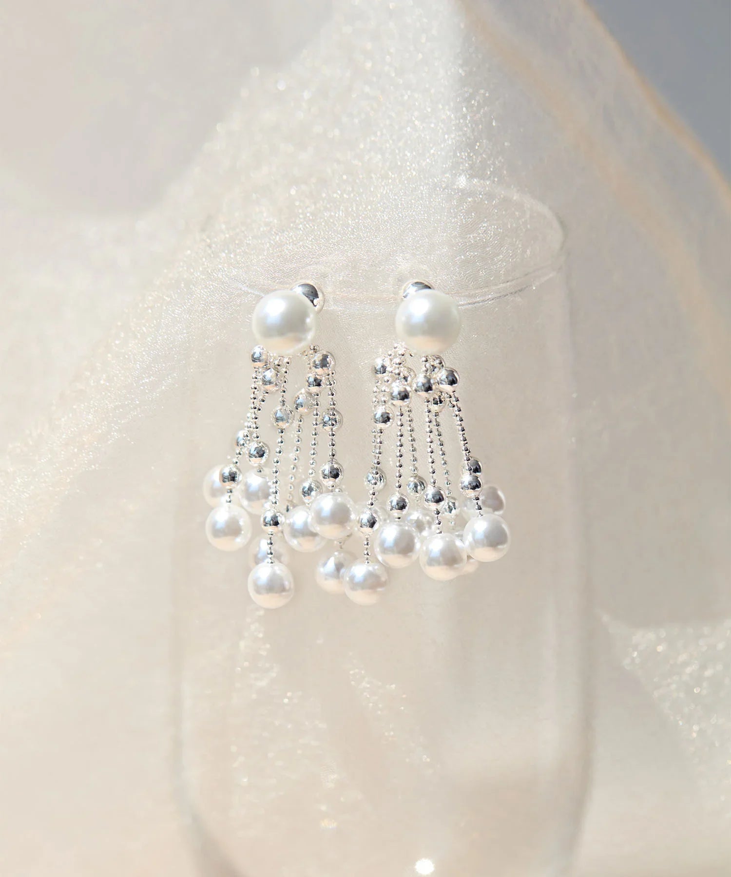 【当日発送】シルバーボールチェーンパールドロップピアス