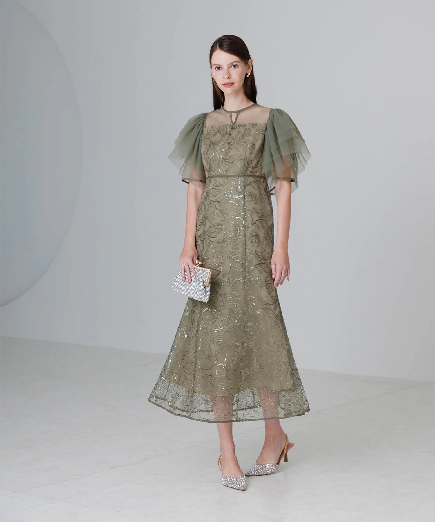 【当日発送】チュールスリーブボタニカルマーメイドワンピースドレス