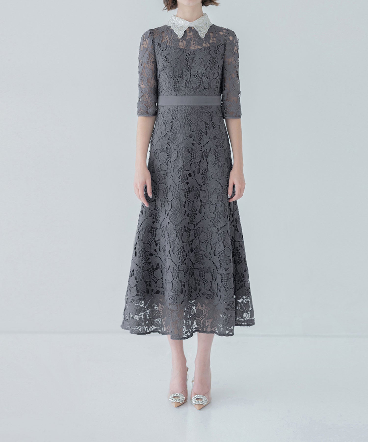 【一部当日発送】花柄レースビジューカラーAラインワンピースドレス