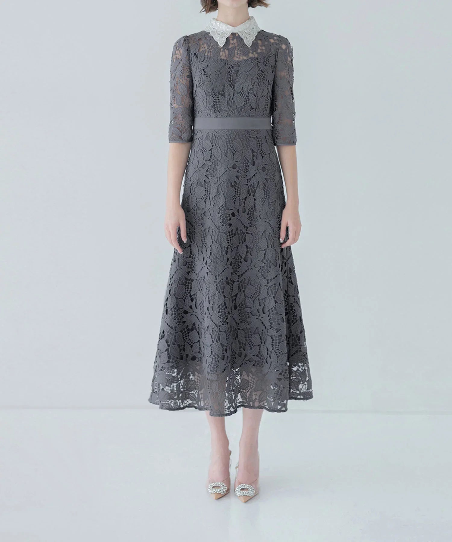 【一部当日発送】花柄レースビジューカラーAラインワンピースドレス