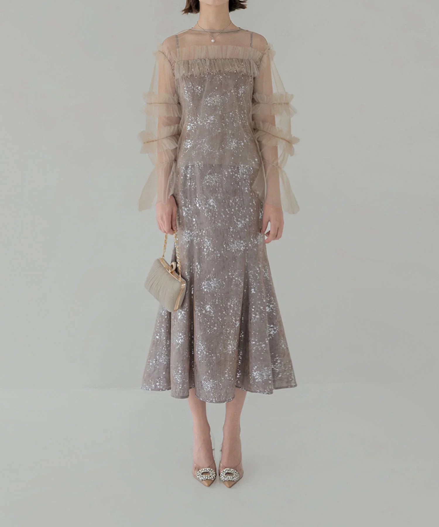 【SOLD OUT】チュールフリルペイントマーメイドワンピースドレス