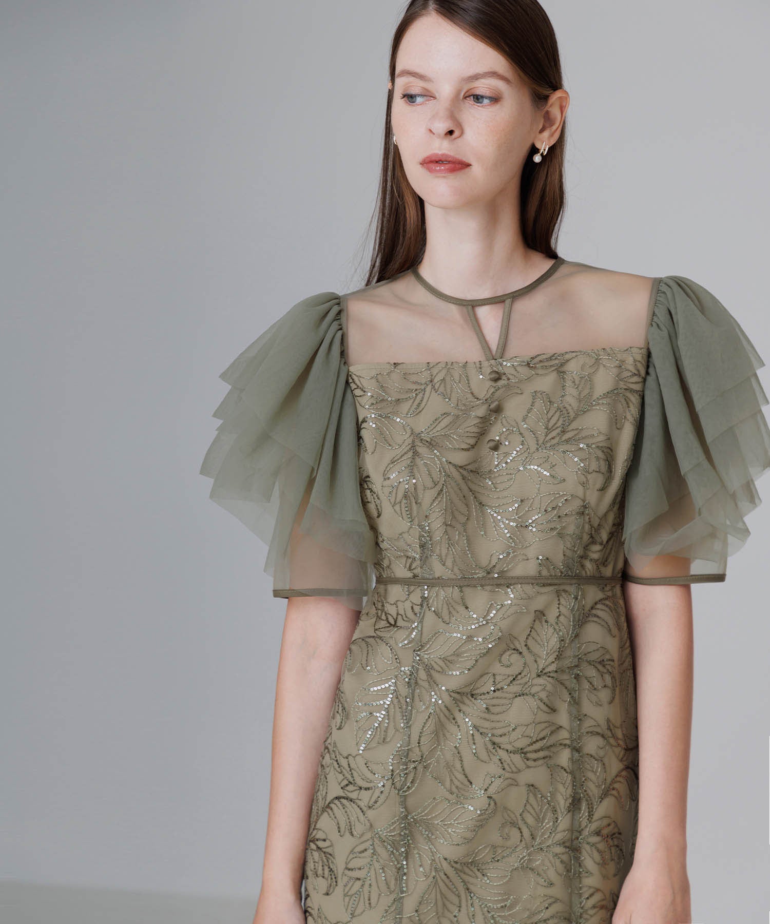 【当日発送】チュールスリーブボタニカルマーメイドワンピースドレス