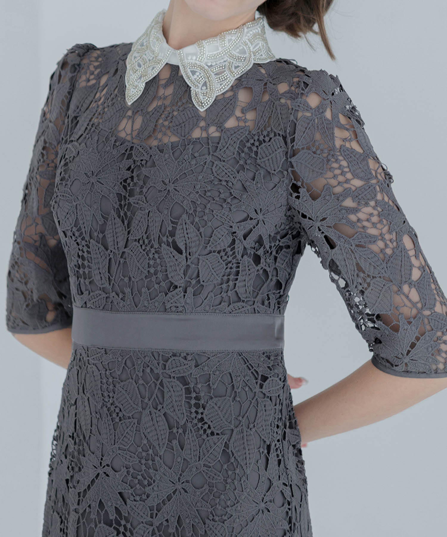 【一部当日発送】花柄レースビジューカラーAラインワンピースドレス