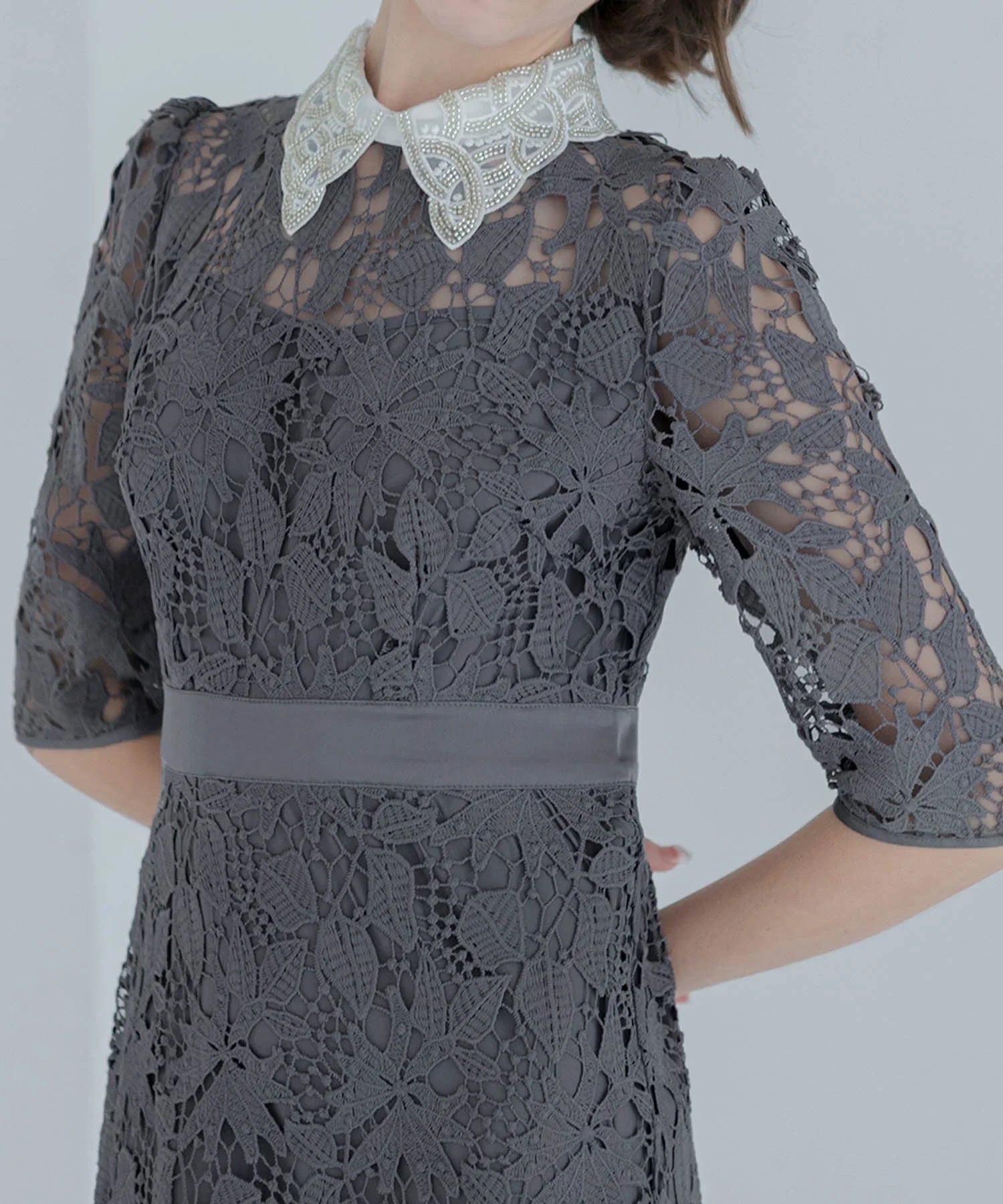 【一部当日発送】花柄レースビジューカラーAラインワンピースドレス