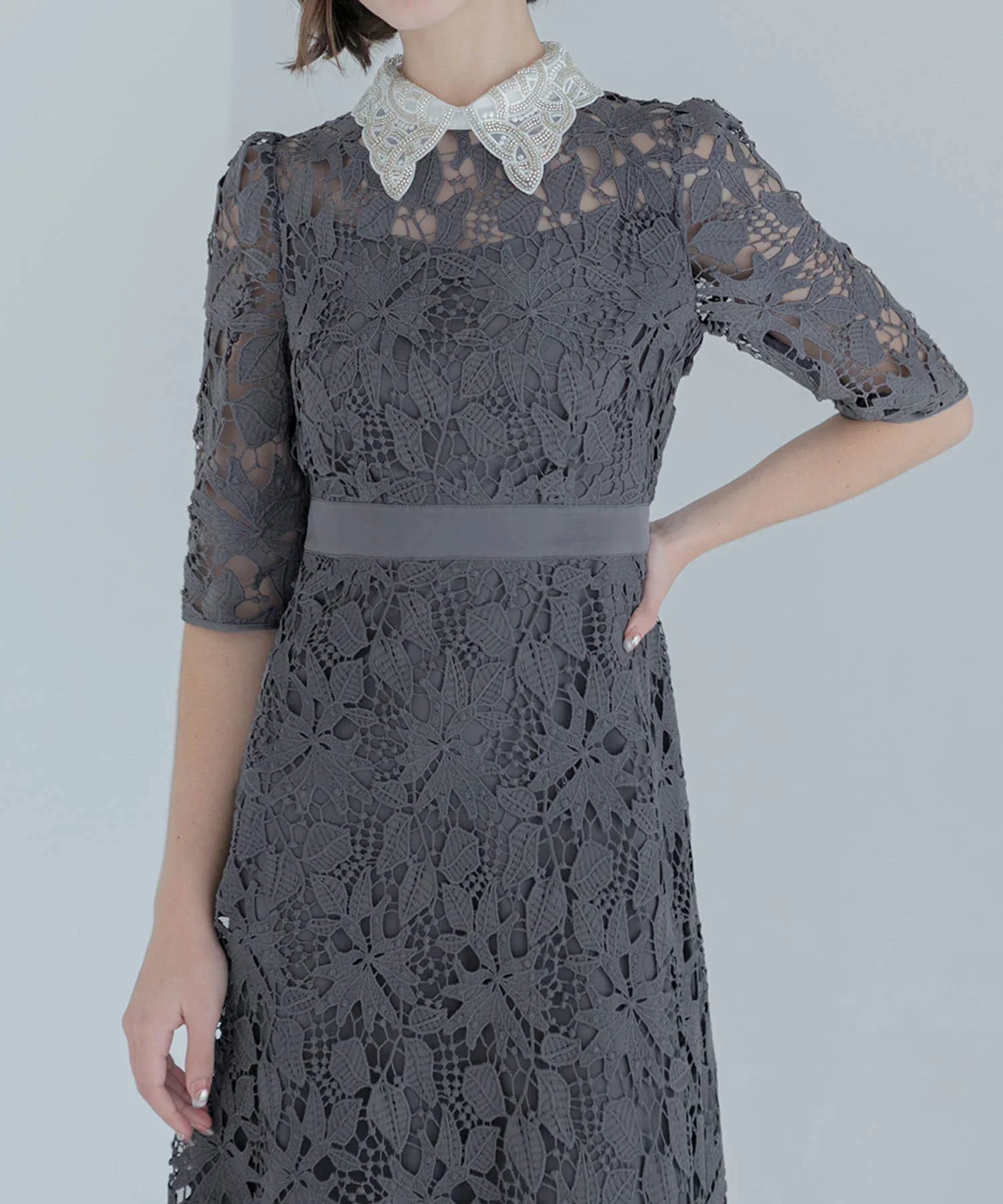 【一部当日発送】花柄レースビジューカラーAラインワンピースドレス