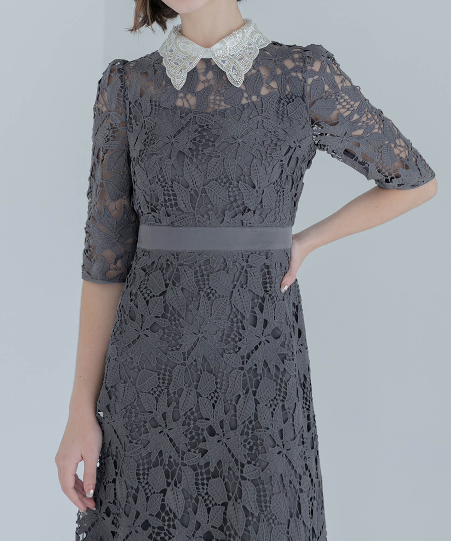 【一部当日発送】花柄レースビジューカラーAラインワンピースドレス