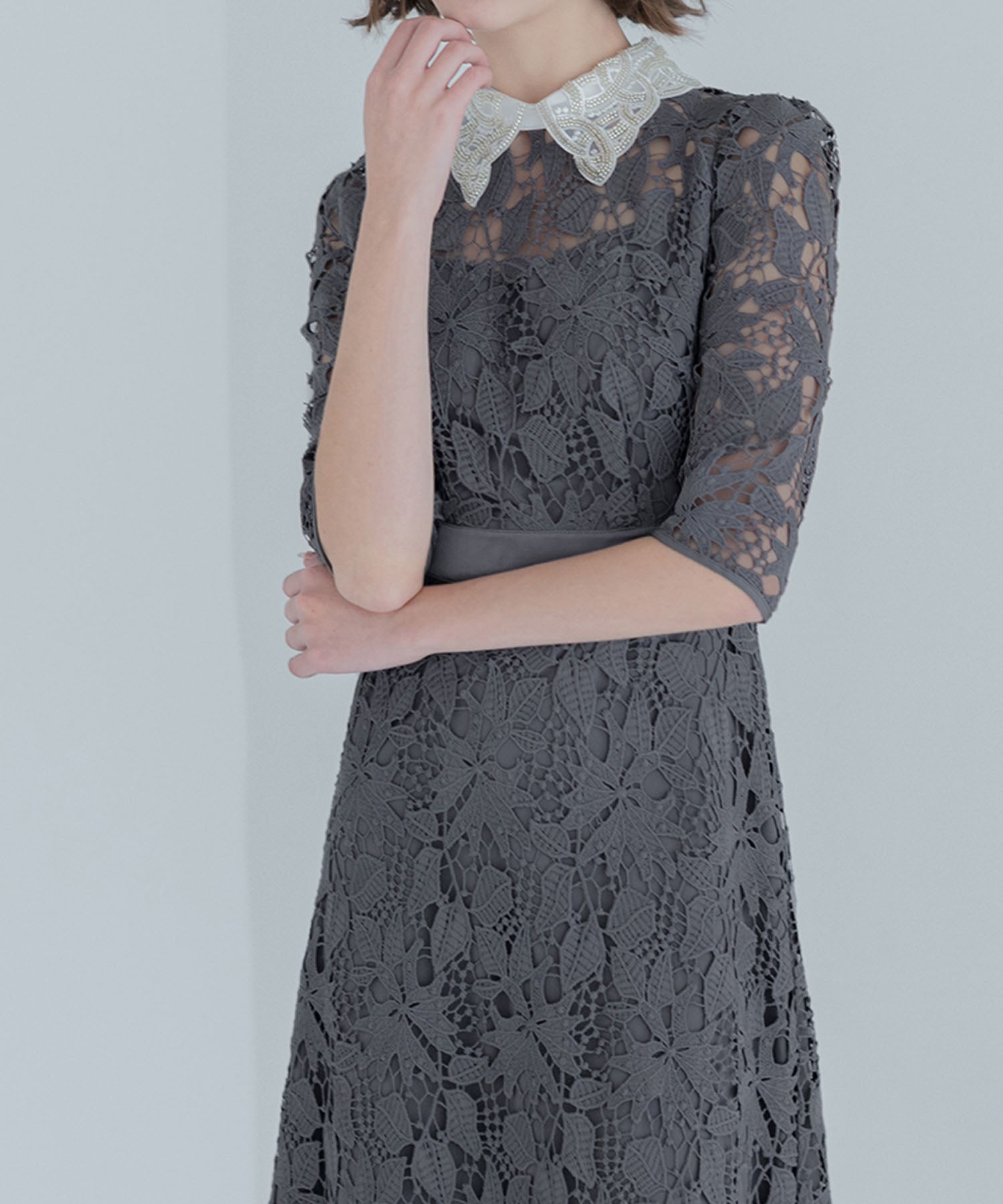 【一部当日発送】花柄レースビジューカラーAラインワンピースドレス