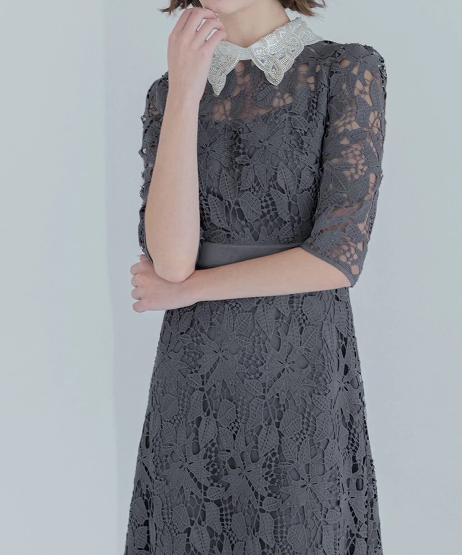 【一部当日発送】花柄レースビジューカラーAラインワンピースドレス