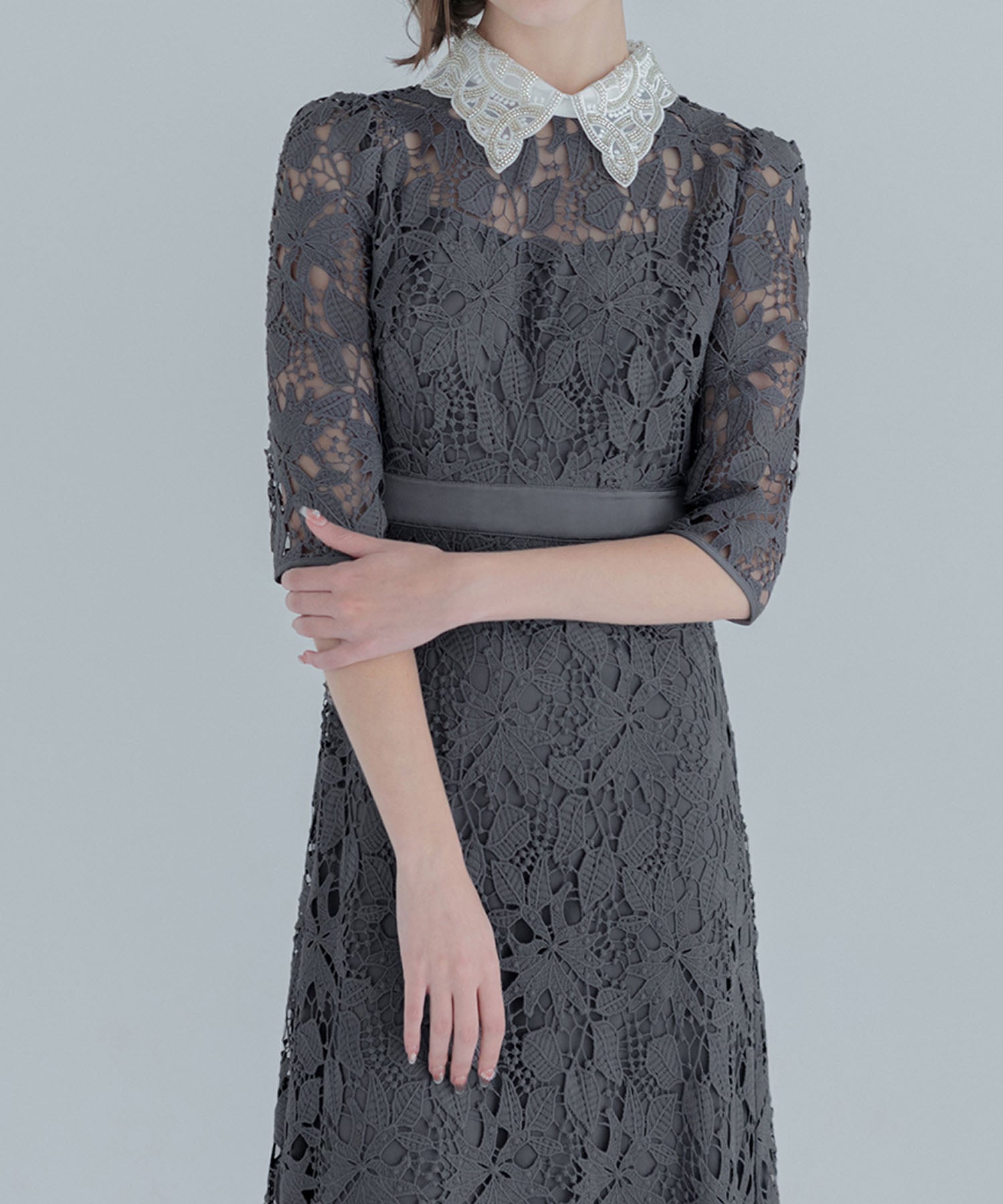 【一部当日発送】花柄レースビジューカラーAラインワンピースドレス