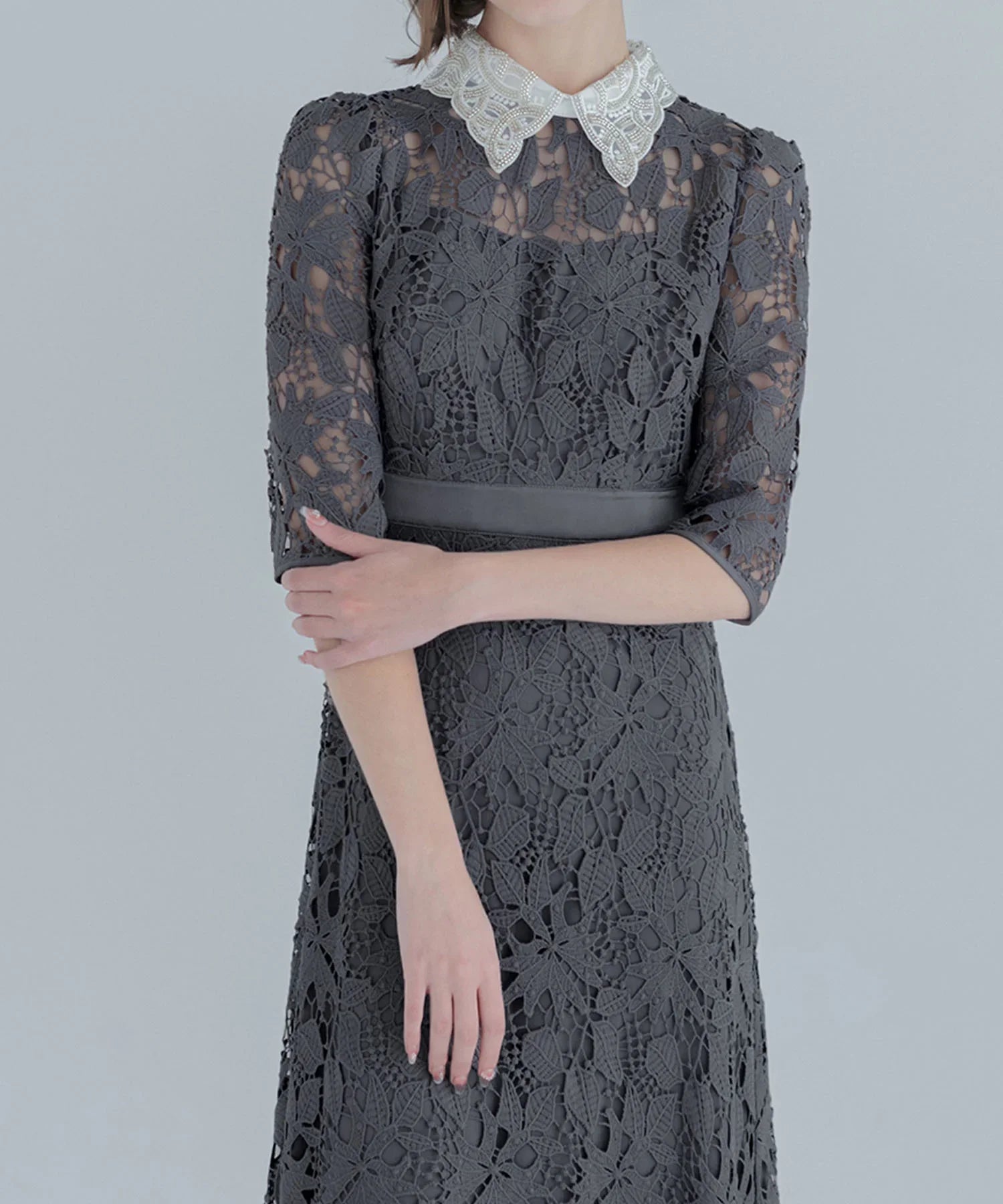 【一部当日発送】花柄レースビジューカラーAラインワンピースドレス