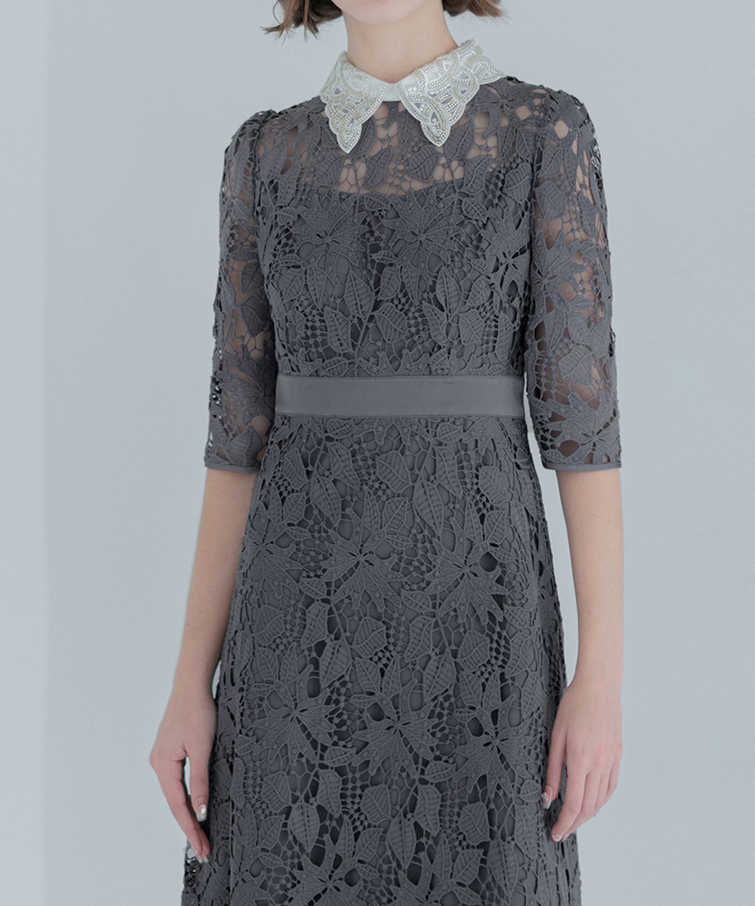 【一部当日発送】花柄レースビジューカラーAラインワンピースドレス