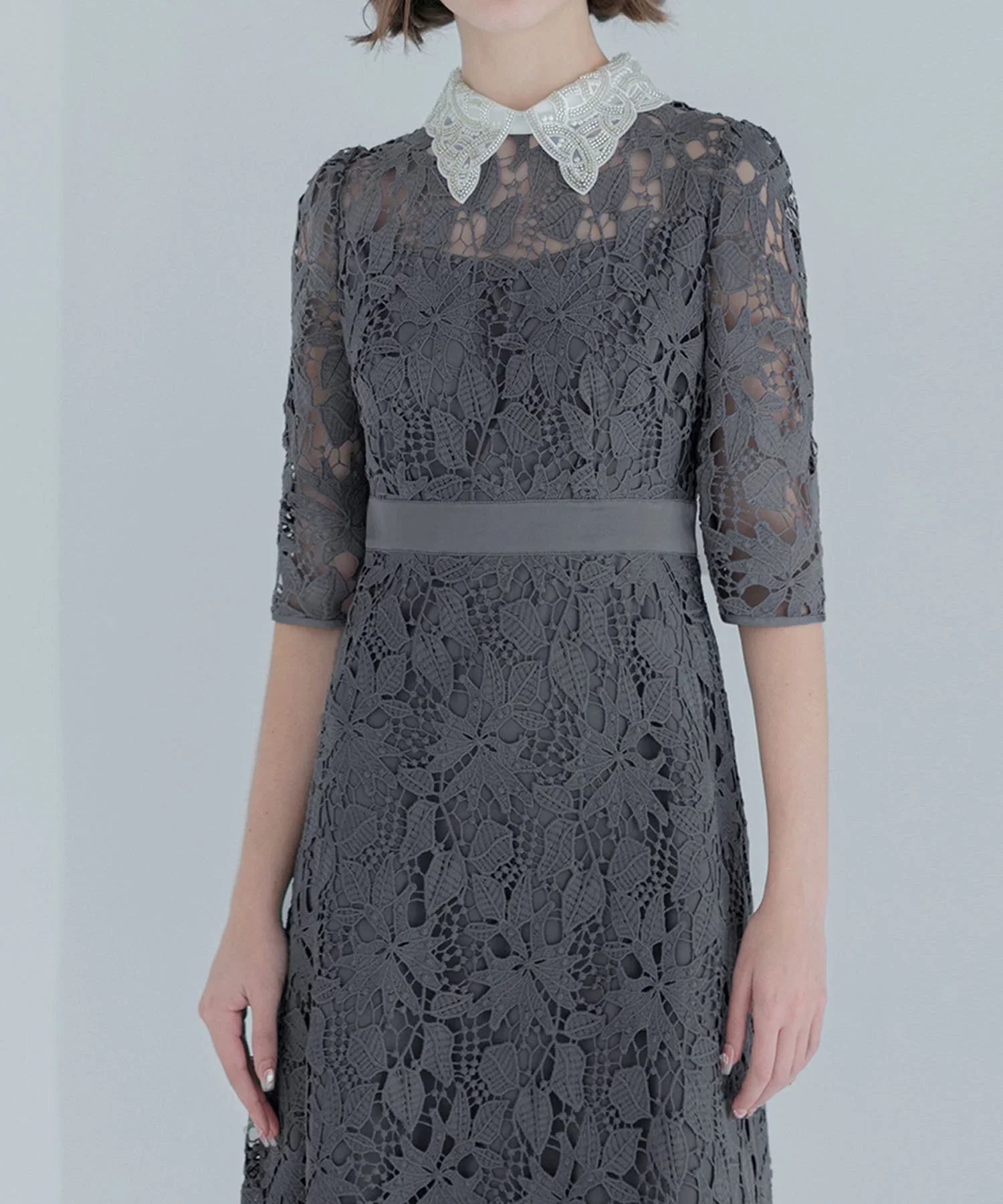 【一部当日発送】花柄レースビジューカラーAラインワンピースドレス