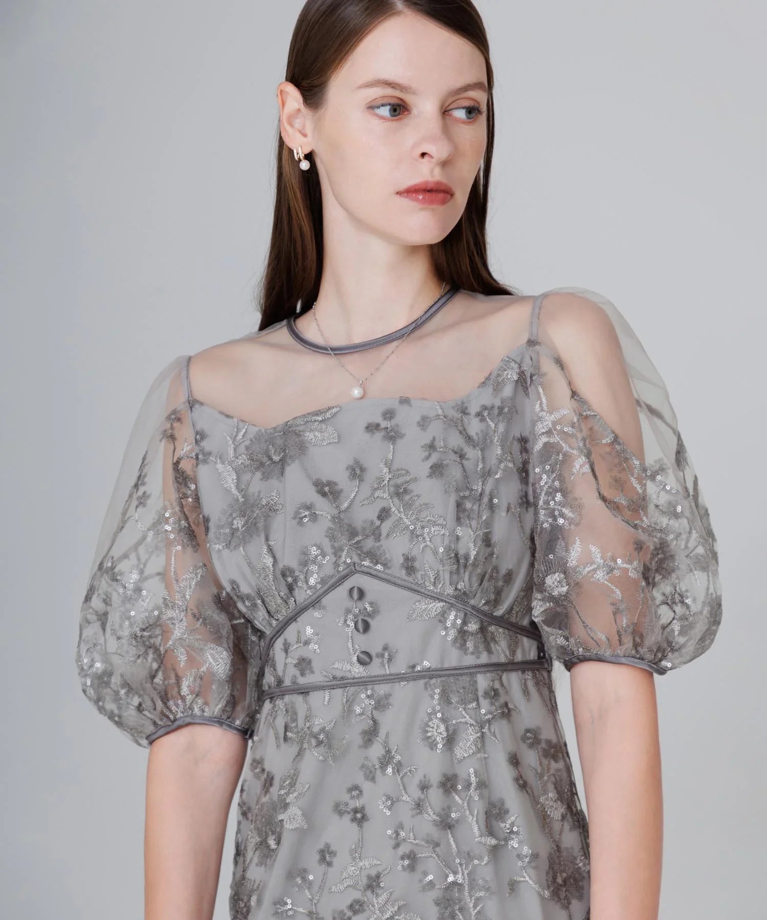 【一部当日発送】フラワーディテールパフスリーブIラインワンピースドレス