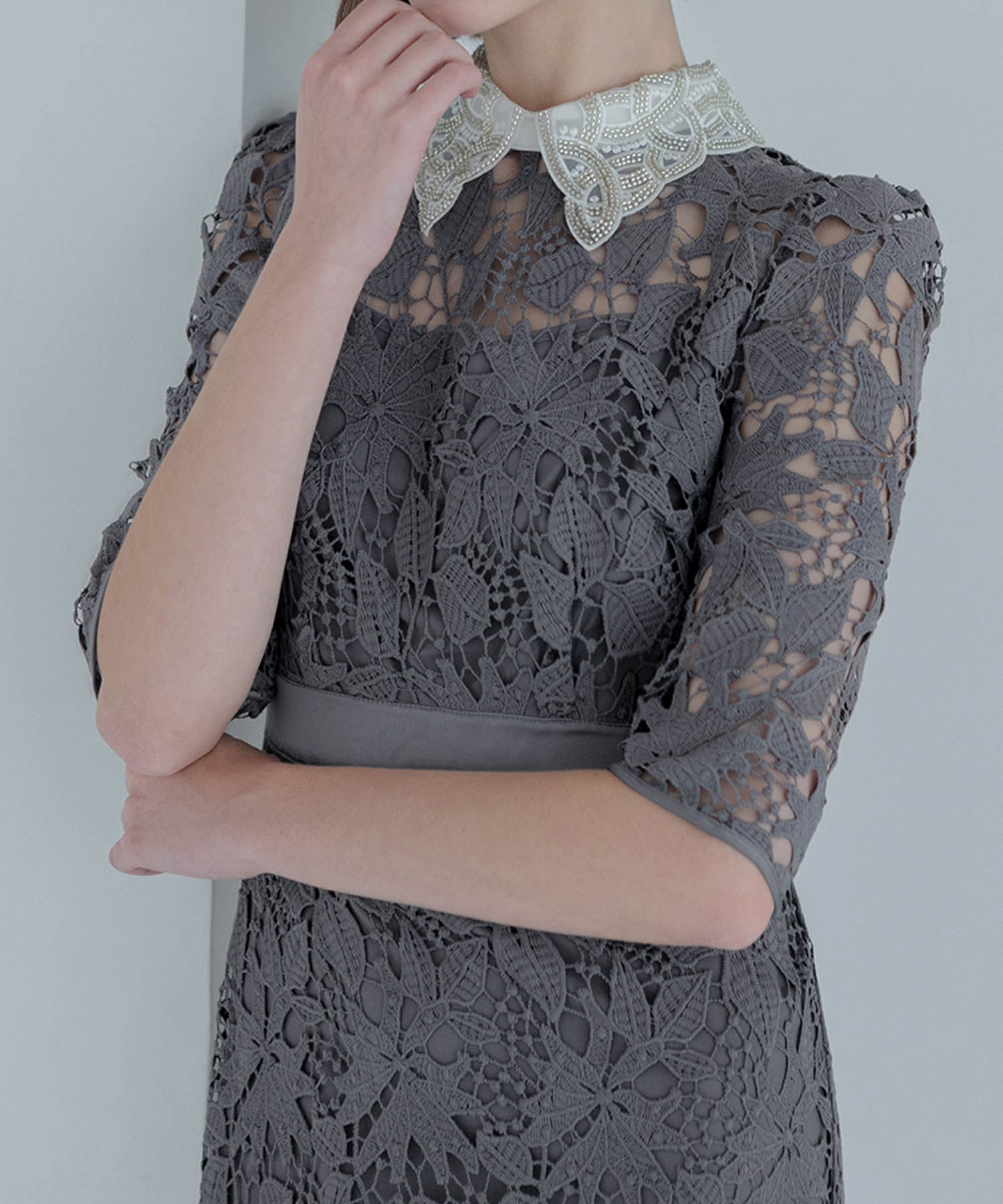 【一部当日発送】花柄レースビジューカラーAラインワンピースドレス