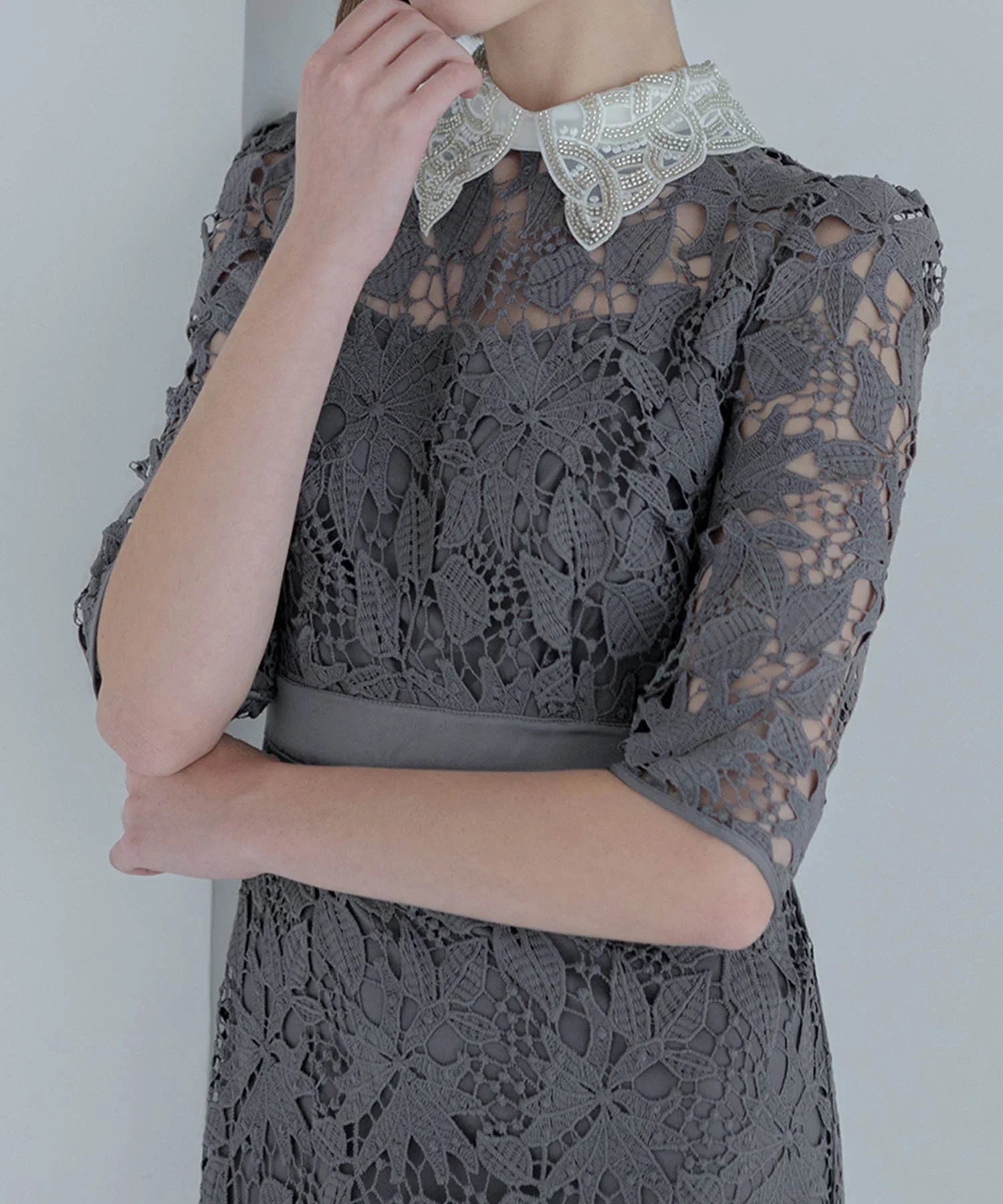 【一部当日発送】花柄レースビジューカラーAラインワンピースドレス